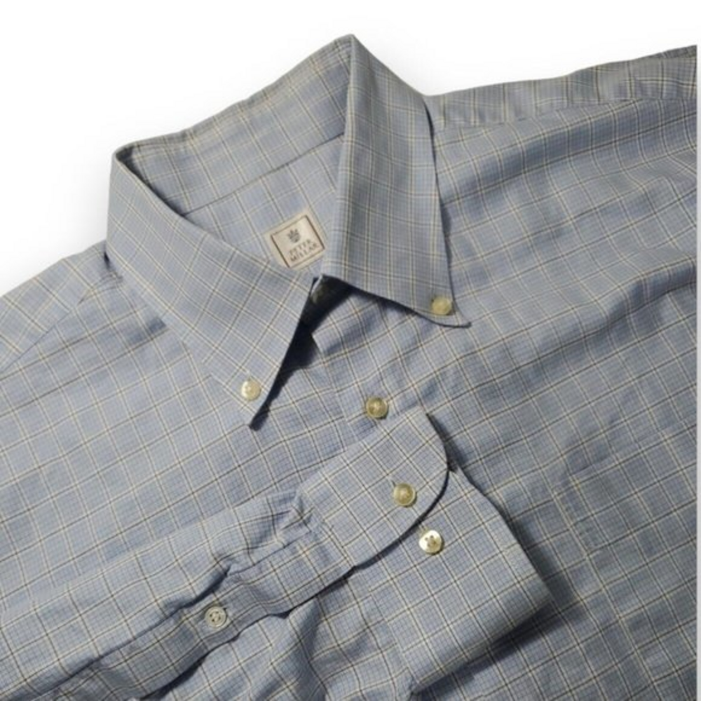 Men's Peter Millar Large Blue Plaid‎ Long Sleeve 100% Cotton Button Down Collar
